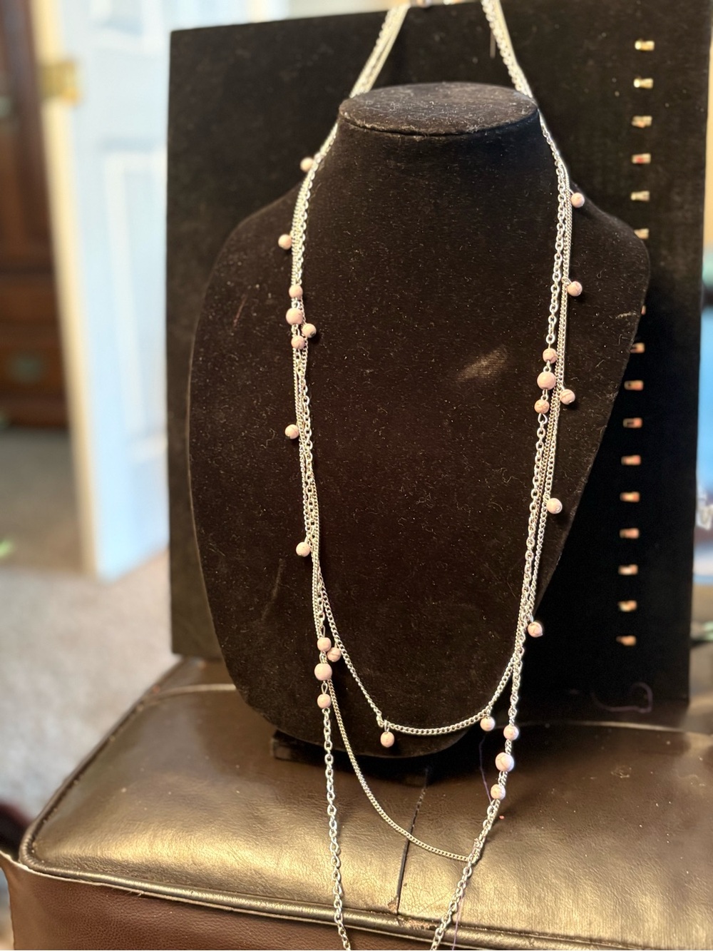 Longer Silver Multi-Strand Necklace with Pink Bead Accents -